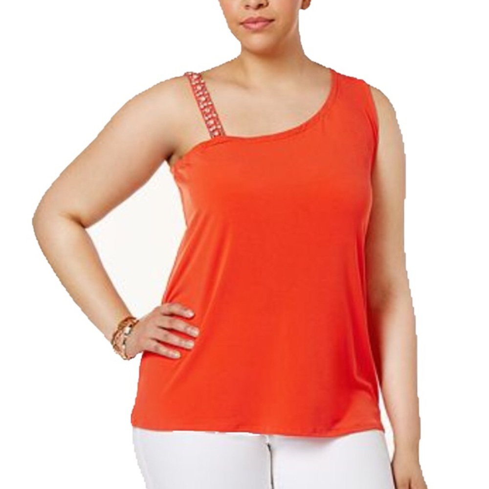 INC Women’s Plus One-Shoulder Rhinestone Trim Orange Top